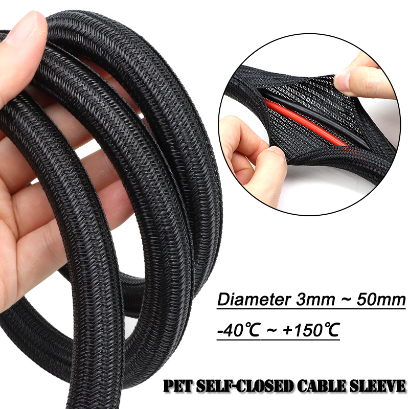Cable Sleeve Braided - 2/10m Black PET Braided Self-Closing Cable